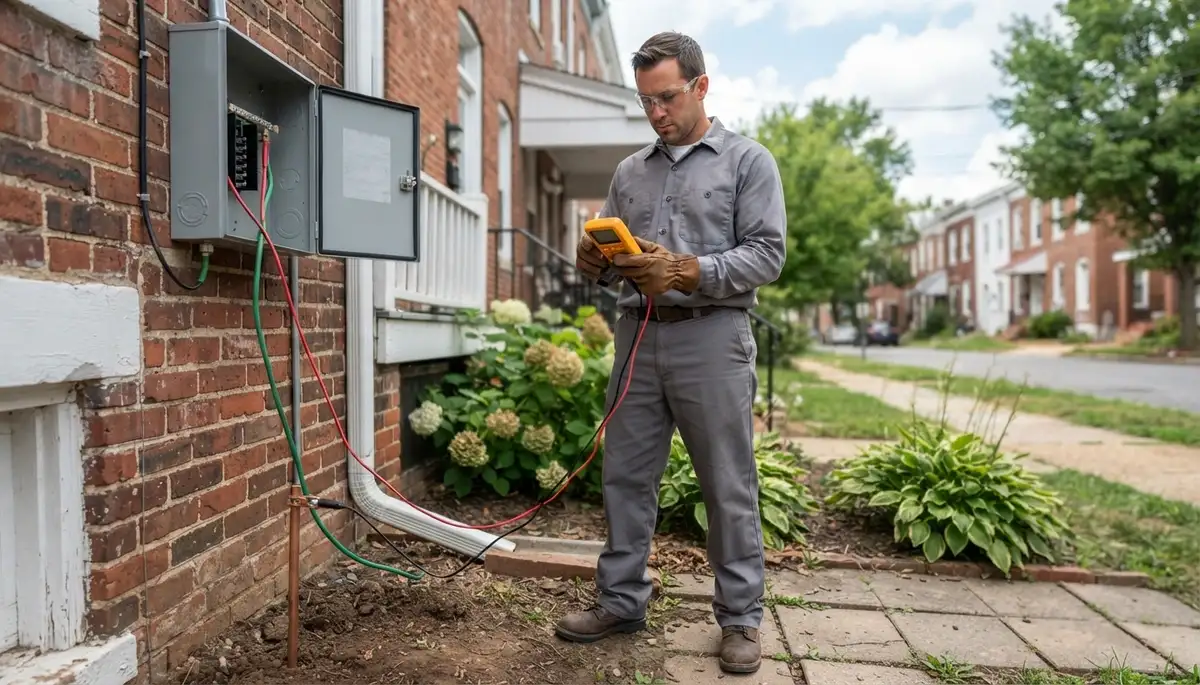 Electrician in Baltimore, MD testing electrical ground continuity for lightning surge protection