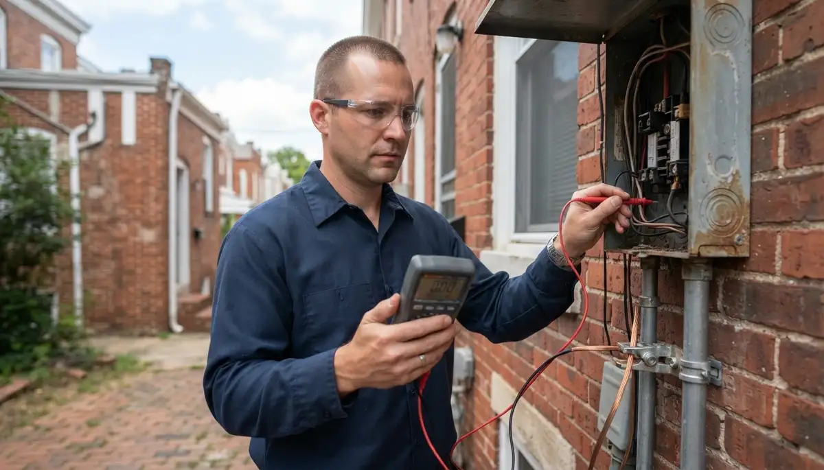 Electrician in Baltimore, MD tests home grounding and service terminals with a multimeter.