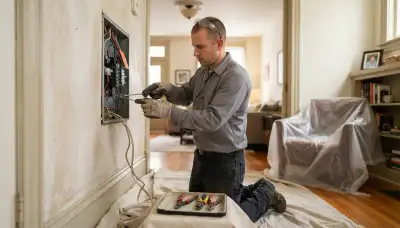 Baltimore, MD residential electrician repairing an open circuit box with gloves and drop cloth protection