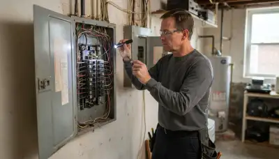 Baltimore, MD electrician inspecting an open electrical panel and documenting breaker and wiring conditions
