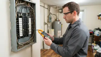 Baltimore electrician measures circuit load with a clamp meter during a home energy audit
