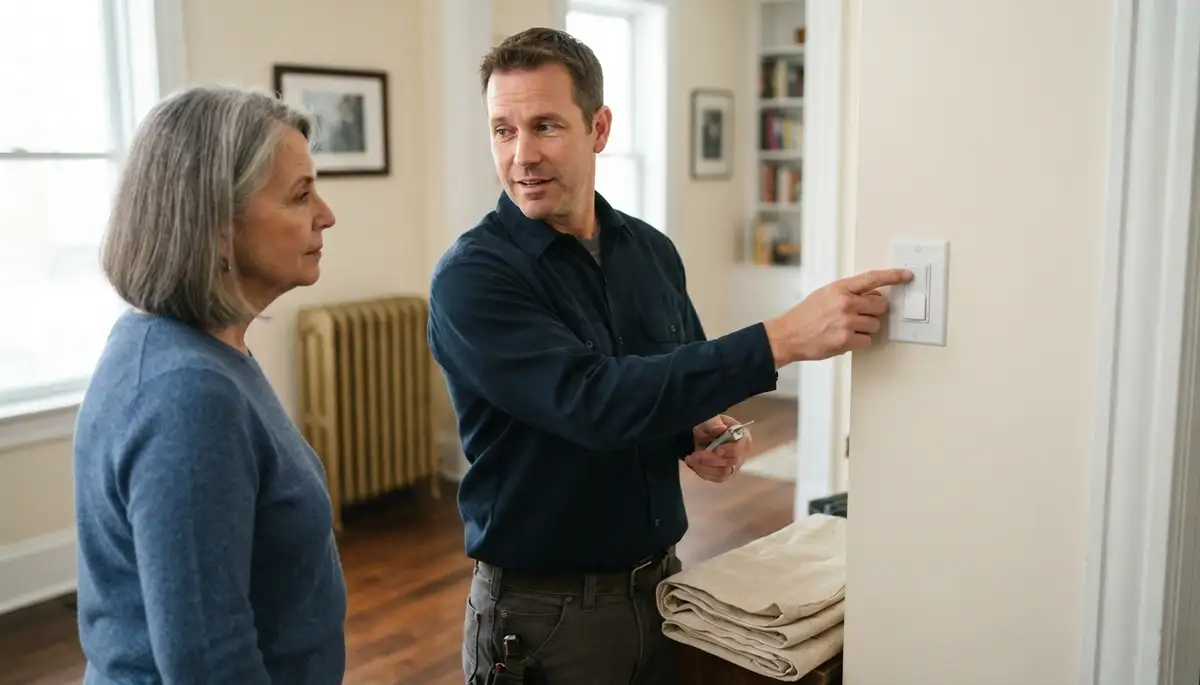 Baltimore, MD residential electrician explains completed electrical work to homeowner in a clean, restored home