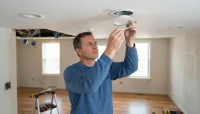 Electrician installing a trim ring on a recessed ceiling light in a Baltimore, MD home