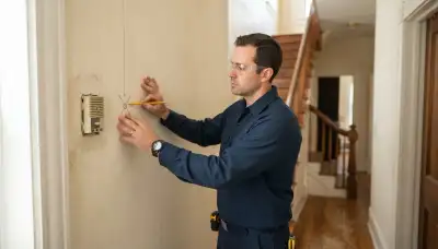 Baltimore, MD electrician marking intercom station locations on a wall during home wiring assessment