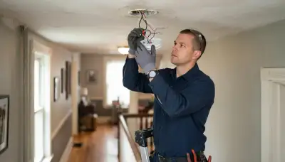 Electrician wiring an interconnected smoke detector to a ceiling base in a Baltimore, MD home
