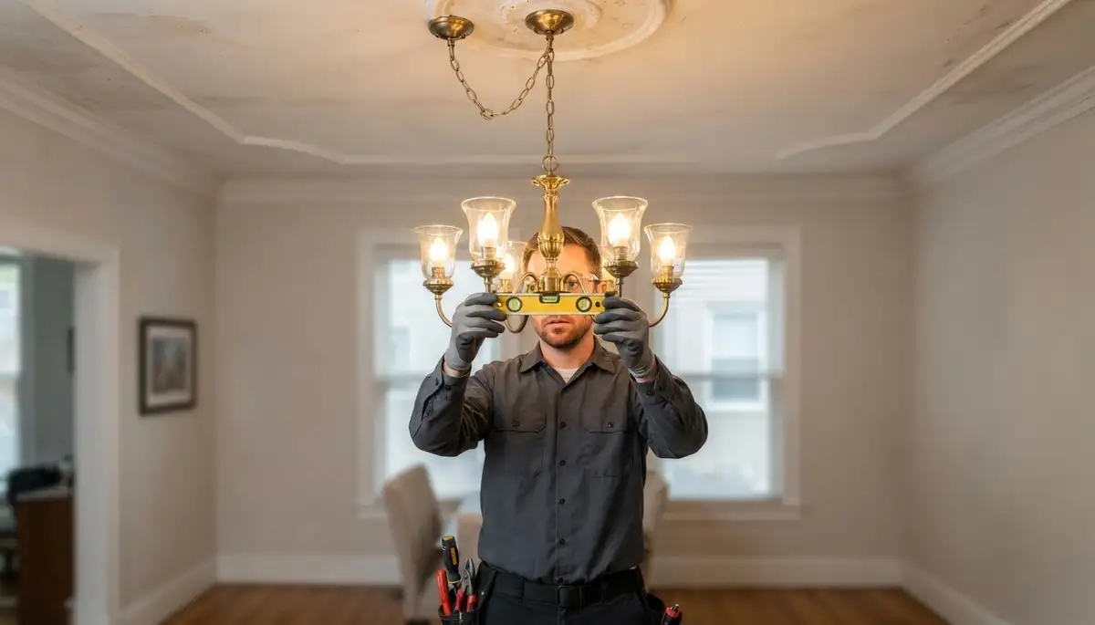 Baltimore, MD electrician verifies chandelier level and dimmer operation during installation