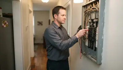 Baltimore, MD electrician testing voltage at an open electrical panel during a whole-home safety assessment
