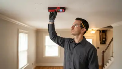 Electrician uses a stud finder to plan ceiling fixture placement in a Baltimore, MD home