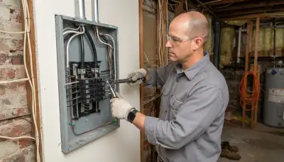Electrician in Baltimore, MD uses a torque wrench to secure feeder wires in a load center panel