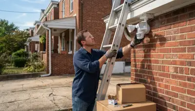 Baltimore, MD electrician prepares a motion-sensor security light beside an extension ladder