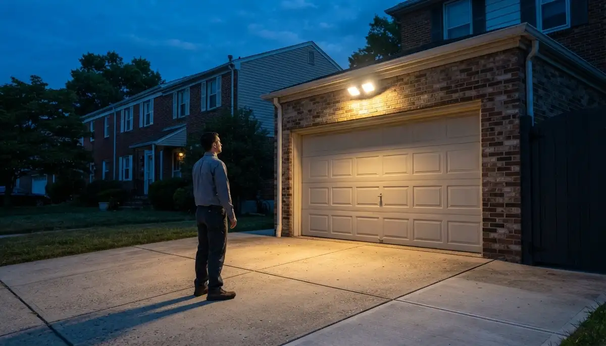Baltimore, MD electrician verifies motion-sensor security light coverage across a driveway and garage entrance at dusk