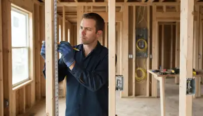 Baltimore, MD electrician marking outlet heights and circuit runs on open studs during wiring rough-in
