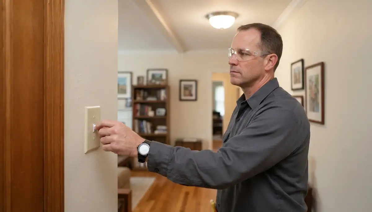Baltimore electrician tests a repaired light switch with cover plate installed for safe operation