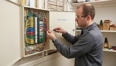Electrician terminating fire alarm zone wiring at a control panel in a Baltimore, MD home