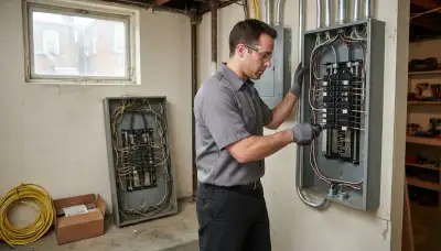 Electrician upgrading an older home's electrical panel in Brooklyn, MD