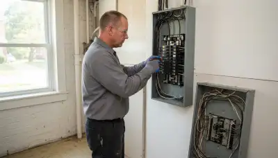 Electrician upgrading an electrical panel in an older Curtis Bay home in Baltimore, MD