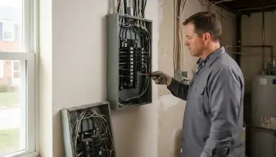 Electrician upgrading an electrical panel in an older Dundalk, MD home
