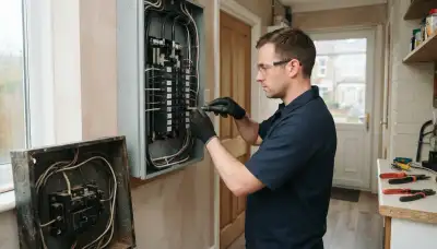 Electrician upgrading an outdated electrical panel in an older Essex, MD home