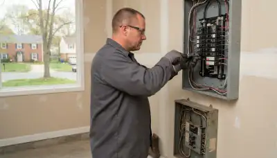 Electrician upgrading an older home's electrical panel to 200-amp service in Perry Hall, MD