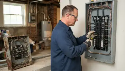 Electrician upgrading the electrical panel in an older Pikesville, MD home