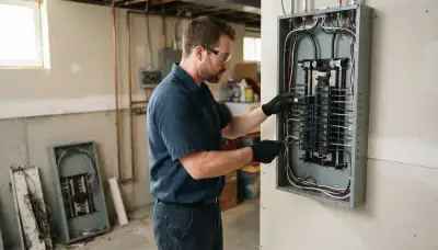 Electrician upgrading an electrical panel in an older Randallstown, MD home