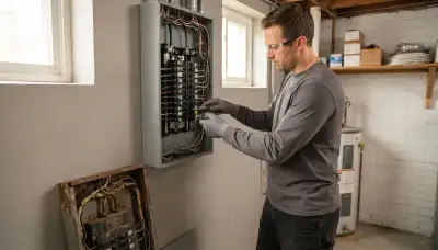 Electrician upgrading an electrical panel in an older Rosedale, MD home