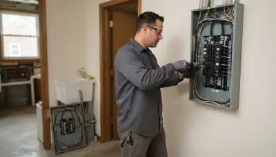 Electrician upgrading an electrical panel in an older Towson, MD home