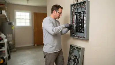 Electrician upgrading an electrical panel in an older Windsor Mill, MD home