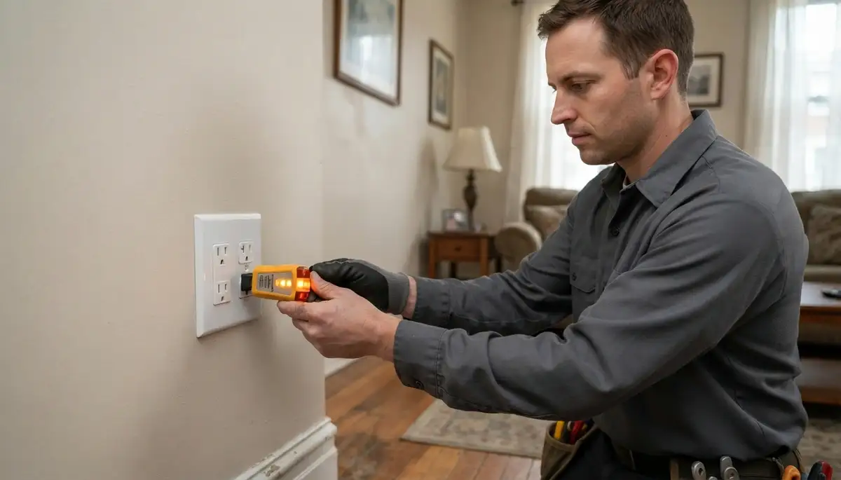 Baltimore electrician tests polarity and ground continuity at a repaired outlet