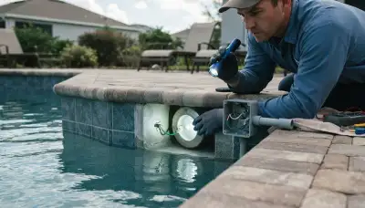 Baltimore, MD electrician inspects pool light niche, junction box, and bonding lug with flashlight