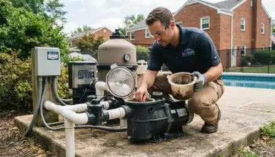 Baltimore, MD electrician inspects a residential pool pump strainer basket and shaft seal before repair or replacement