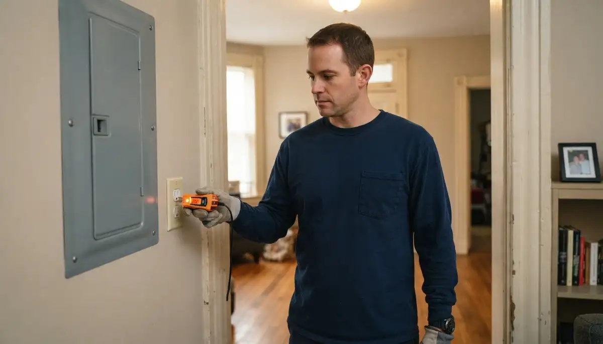 Baltimore electrician tests a repaired receptacle with a voltage tester during electrical repair verification