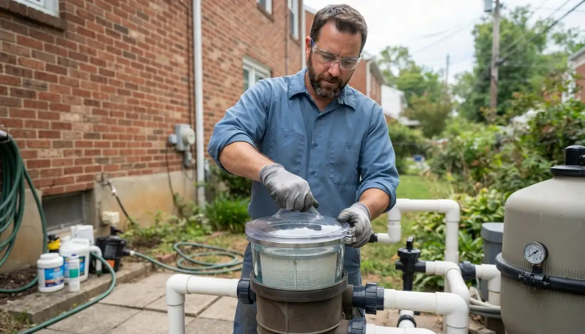 Technician closes a pool pump strainer lid during flow verification for Baltimore, MD electrical installation