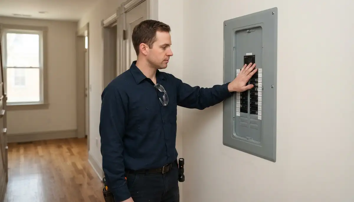 Electrician verifies a completed electrical panel during a final walkthrough in a Baltimore, MD home