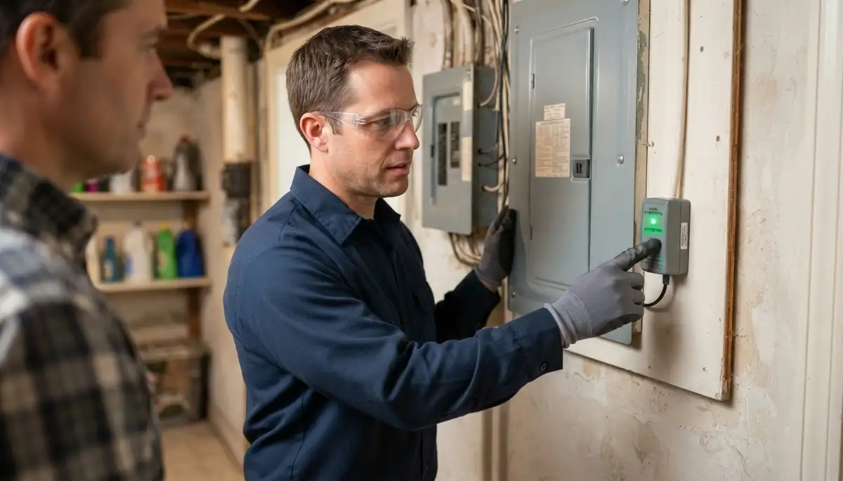 Baltimore electrician verifies active whole-home surge protection on a secured electrical panel.