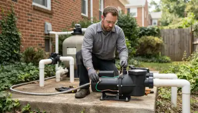 Electrician securing a pool pump and bonding conductor during wiring installation in Baltimore, MD