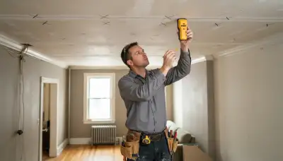 Electrician in Baltimore, MD marking recessed lighting positions with a stud finder along a ceiling chalk line