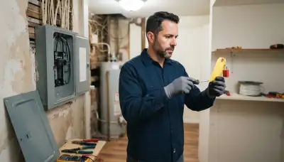 Baltimore, MD electrician repairing wiring with a lockout tag and screwdriver inside a home