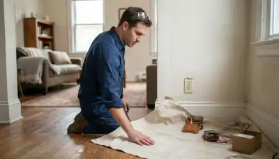 Residential electrician assessing an outlet beside a protective drop cloth in a Baltimore, MD home
