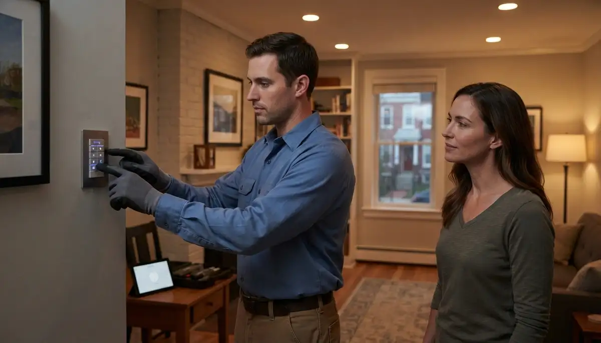 Electrician verifies programmable lighting scenes with a Baltimore homeowner in their home.