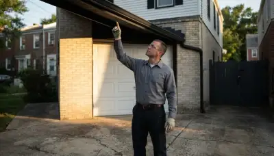 Electrician assessing security light coverage at a Baltimore, MD garage eave