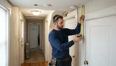 Baltimore, MD electrician measuring smoke detector placement along a hallway ceiling outside bedrooms
