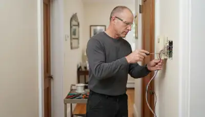 Technician wiring intercom station terminals with a screwdriver in a Baltimore, MD home