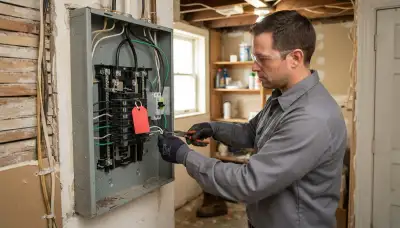 Baltimore, MD electrician installs a whole-home surge protector with short leads at an electrical panel