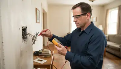 Baltimore electrician tests a wall switch with a multimeter during switch repair and wiring diagnosis