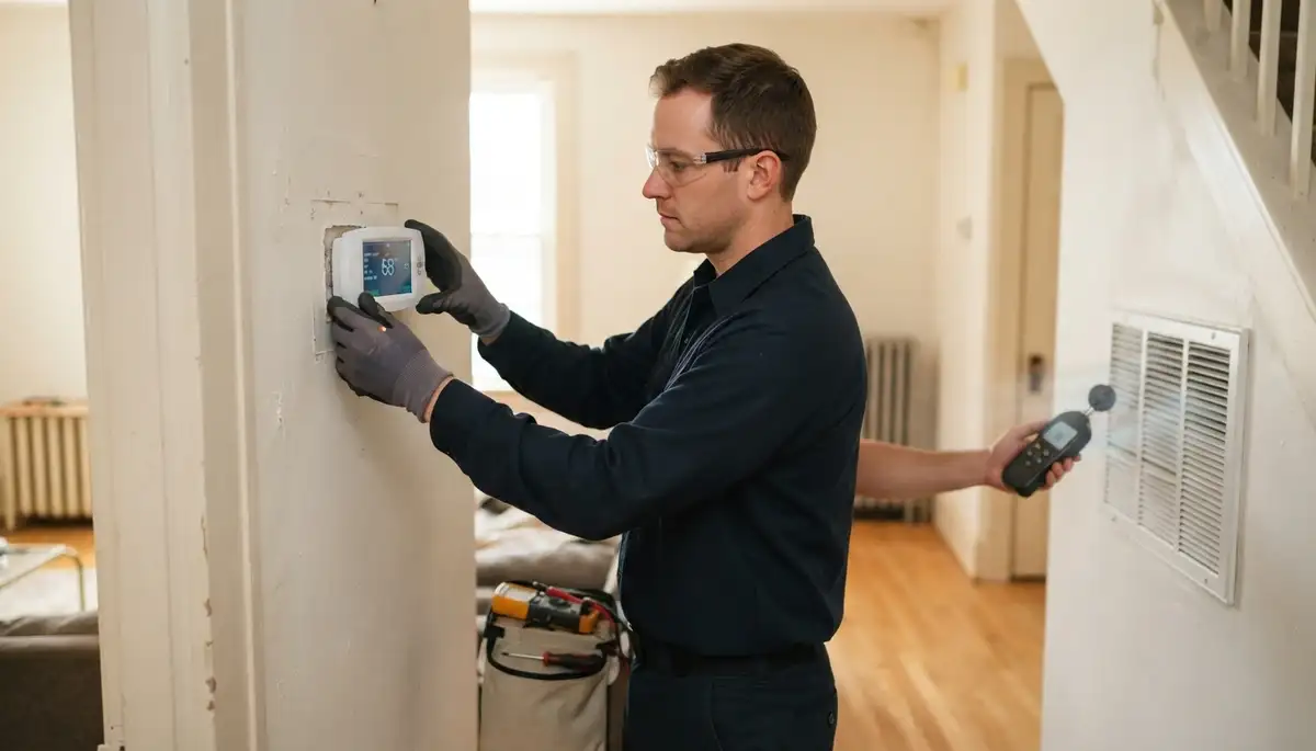 Technician tests thermostat heating, cooling, and airflow after installation in Baltimore, MD