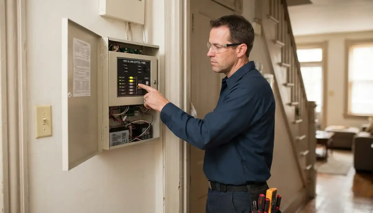 Technician testing fire alarm zones at a control panel in a Baltimore, MD home
