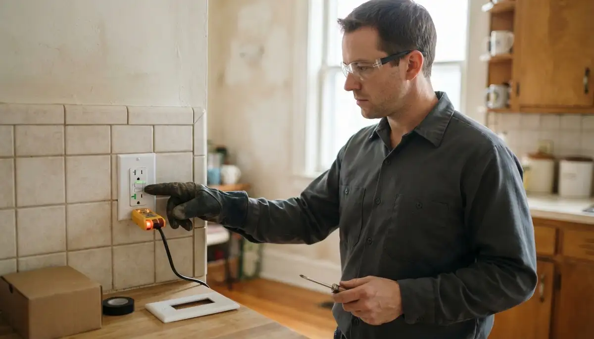 Baltimore electrician pressing test button on newly installed GFCI outlet in a home