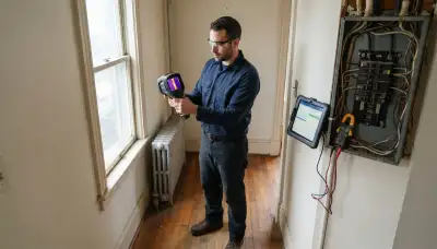 Baltimore electrician scans windows with thermal camera while measuring electrical loads during home energy audit