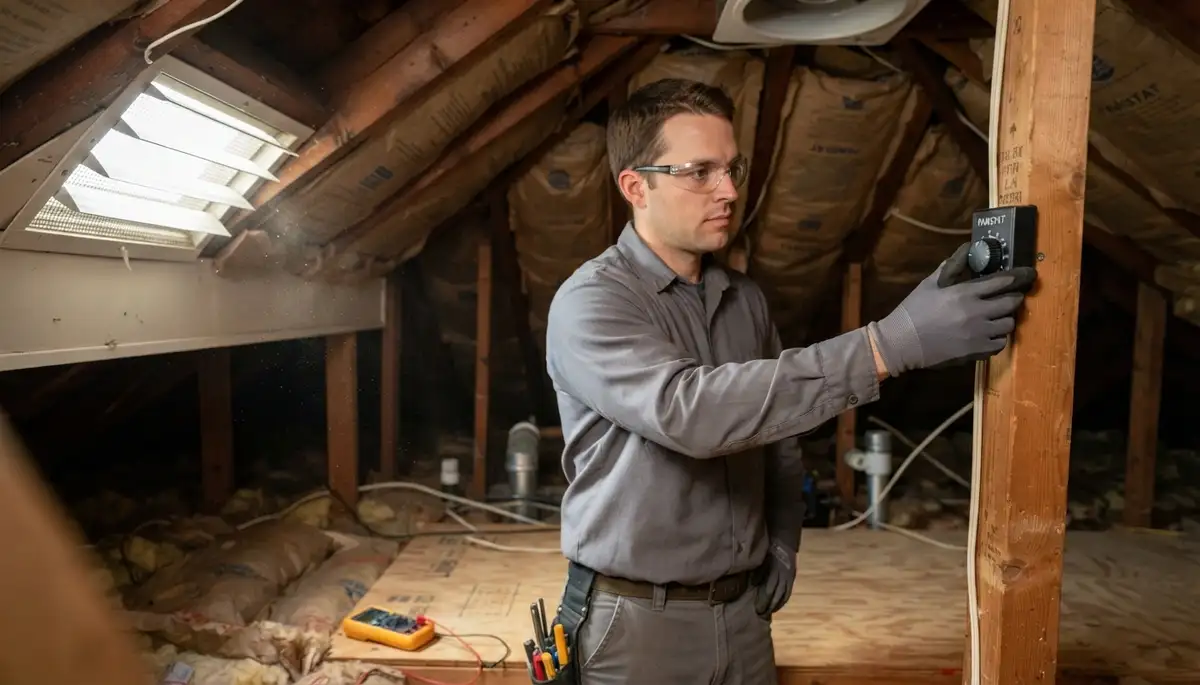 Baltimore, MD electrician adjusts attic fan thermostat to verify airflow through soffit intake vents